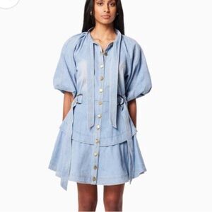 Elliatt art denim blue puff sleeve mock neck flare button front mini dress